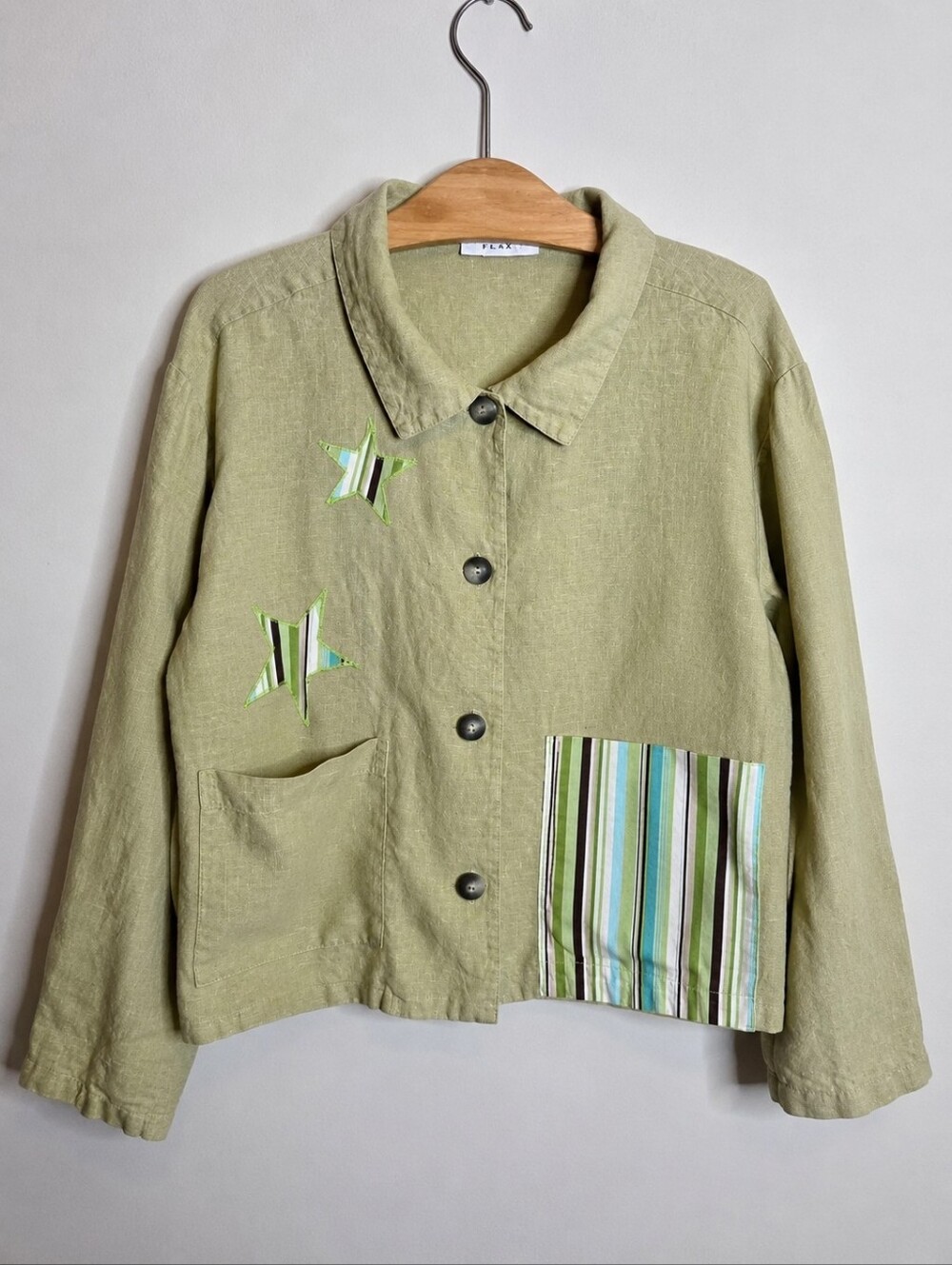 Bryn Walker Linen Art Jacket Women’s Medium Green Patchwork Button Front